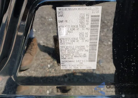 2019 Nissan Pathfinder Sv z USA, uszkodzony, nr VIN 5N1DR2MM4KC597313